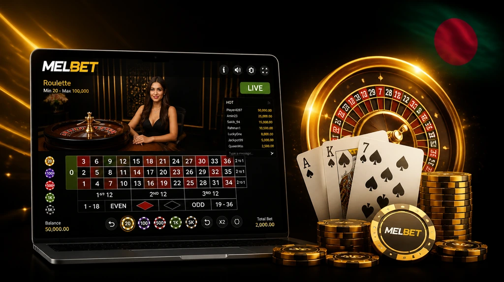 Melbet live casino roulette table with a real dealer in Bangladesh