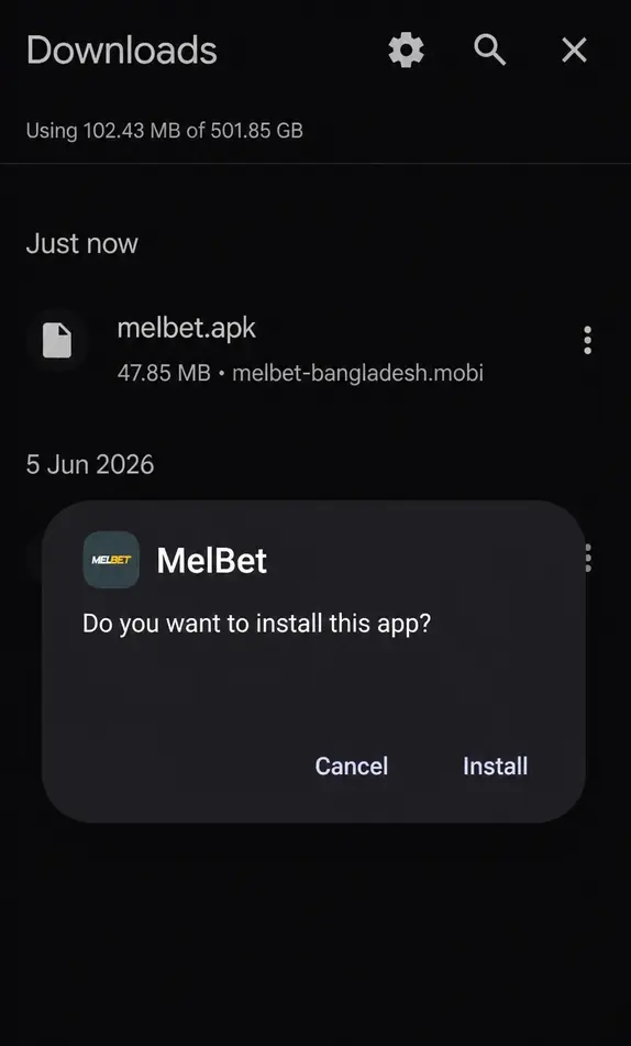 Android install dialog for the Melbet APK showing the 47.85 MB file