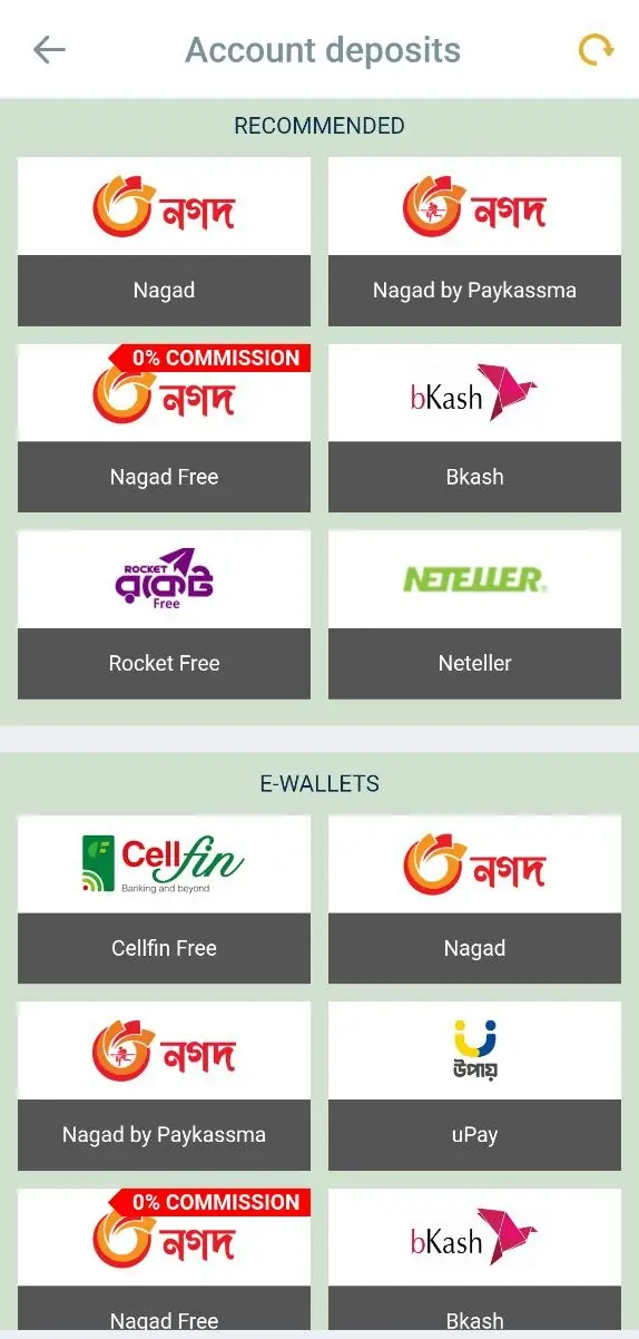 Melbet app cashier showing Nagad, bKash, Rocket, CellFin and uPay deposit methods for Bangladesh
