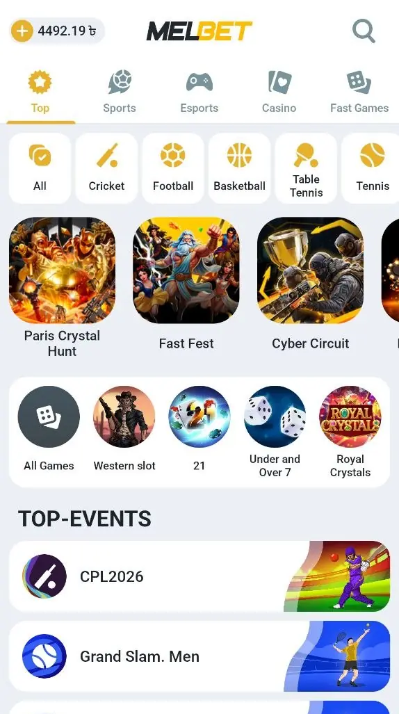 Melbet app home screen in Bangladesh with cricket and football filters and CPL 2026