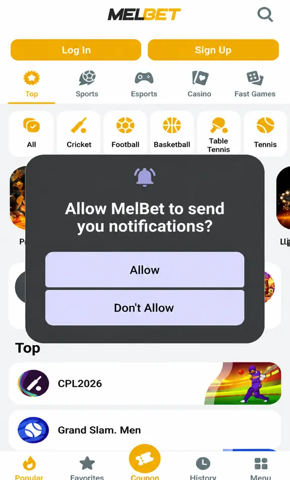 MelBet app requesting notification permission on first launch in Bangladesh