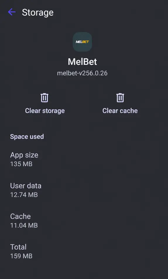 Android storage screen for MelBet showing version 256.0.26 and 135 MB app size