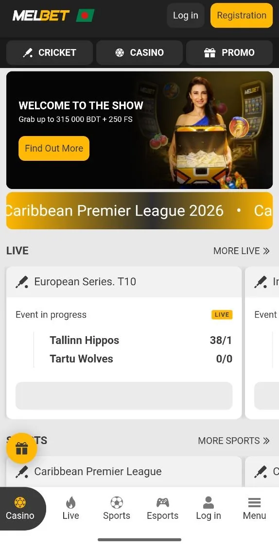 Melbet Bangladesh mobile lobby with casino, live and sports tabs